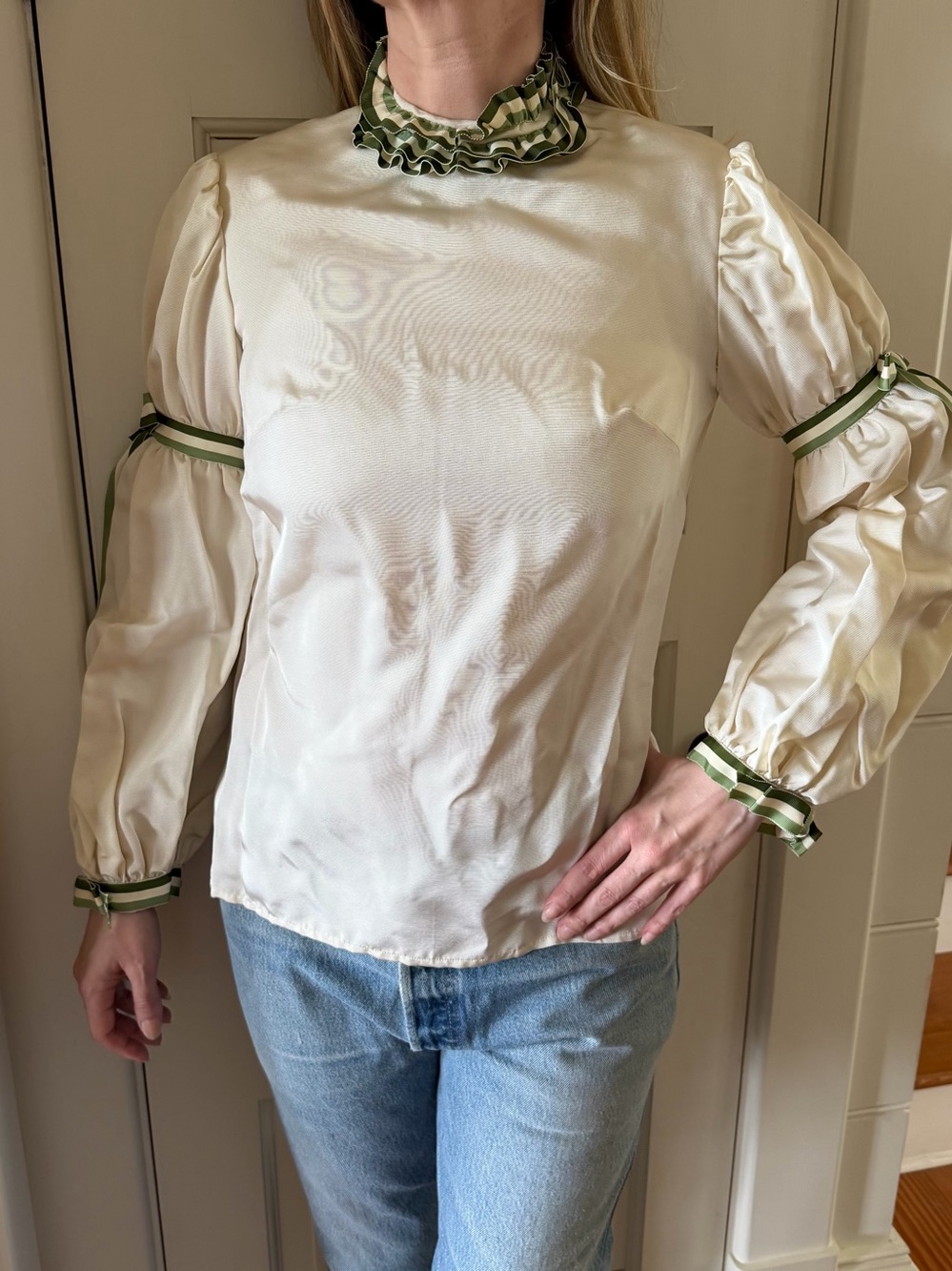 Vintage Cream Blouse with Green Accents